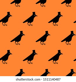Gentleman crow seamless pattern, blackbird with top hat. Cute raven illustration on orange blackground.