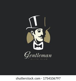 Gentleman in einem Zylinderhut und einer Schleife Logo Design-Vorlage für einen dunklen Hintergrund. Vektorgrafik.