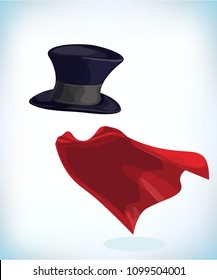 gentleman cylinder hat. Masquerade costume headdress. Carnival or Halloween mask. Cartoon Vector illustration. Funny super hero flying with cloak. Funny super hero flying with cloak.