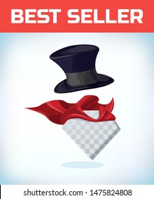 gentleman cylinder hat. Masquerade costume headdress. Carnival or Halloween mask. vintage bowler hat. Cartoon Vector illustration. Red cape