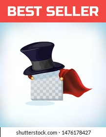 gentleman cylinder hat. Masquerade costume headdress. Carnival or Halloween mask. vintage bowler hat. Cartoon Vector illustration. Red cape