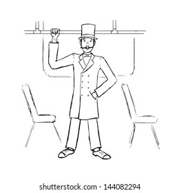 The gentleman with a cylinder is on the train. Sketch vector illustration. Isolated on white.