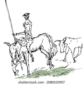 Herrlicher Don Quixote von La Mancha in Rüstung mit Speer, Reiten auf seinem Pferd Rocinante und Esel von hinten. Illustration des Romans Miguel de Cervantes. Ink-Grafik-Grafik-Grafik