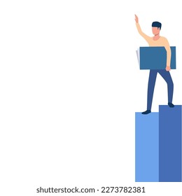 Gentleman Drawing Running Upwards On Stair Steps. Man Design Climbing Big Stairs Reaching Goals Showing Progress And Improvement.