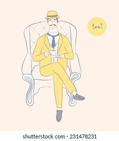 A gentleman drinking and offering a cup of tea, vector illustration
