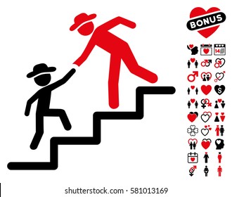 Gentleman Education Steps pictograph with bonus romantic images. Vector illustration style is flat iconic intensive red and black symbols on white background.