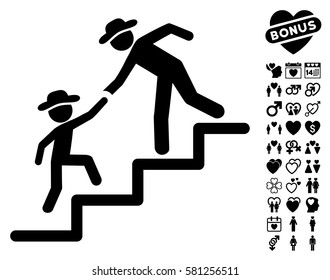 Gentleman Education Steps pictograph with bonus dating symbols. Vector illustration style is flat iconic black symbols on white background.