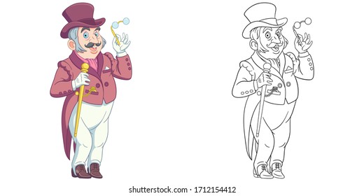 Gentleman, elegant man. Coloring page and colorful clipart character. Cartoon design for t shirt print, icon, logo, label, patch or sticker. Vector illustration.