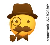 Gentleman emoticon. Vector smiley icon with mustache, hat, smoking pipe, monocle and a bow tie