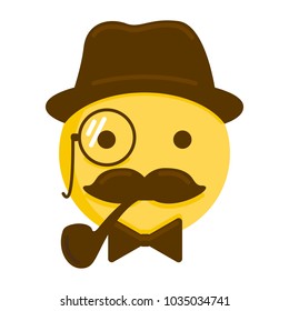 Gentleman emoticon. Vector smiley icon with mustache, hat, smoking pipe, monocle and a bow tie