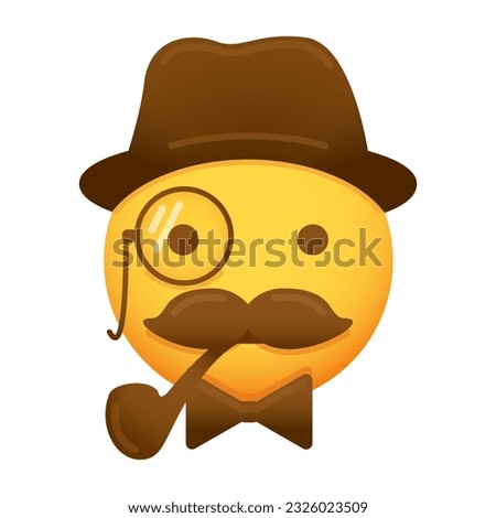 Gentleman emoticon. Vector smiley icon with mustache, hat, smoking pipe, monocle and a bow tie