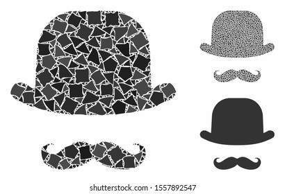 Gentleman face composition of trembly items in various sizes and color tinges, based on gentleman face icon. Vector trembly elements are grouped into composition.