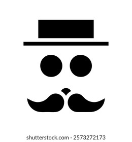 Gentleman face with hat, glasses, and mustache. Concept of anonymity, mystery, and disguise.