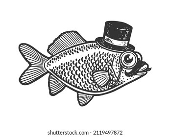 Pescado caballero con sombrero superior de bigote y gafas esbozan ilustración vectorial de grabado. Diseño de impresión de ropa de camiseta. Imitación de tablero de raquetas. Imagen dibujada a mano en blanco y negro.