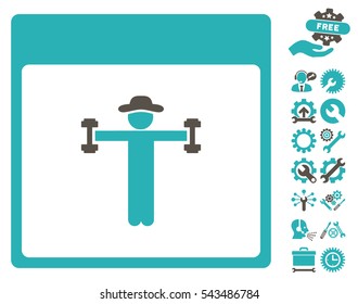 Gentleman Fitness Calendar Page icon with bonus setup tools images. Vector illustration style is flat iconic symbols, grey and cyan, white background.