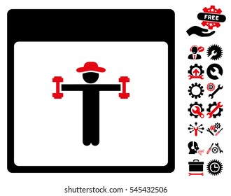 Gentleman Fitness Calendar Page pictograph with bonus setup tools icon set. Vector illustration style is flat iconic symbols, intensive red and black, white background.