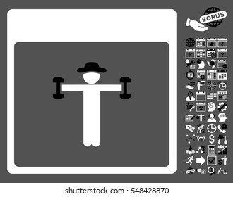 Gentleman Fitness Calendar Page pictograph with bonus calendar and time management pictures. Vector illustration style is flat iconic symbols, black and white, gray background.