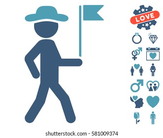 Gentleman Flag Guide icon with bonus love pictograms. Vector illustration style is flat iconic cyan and blue symbols on white background.