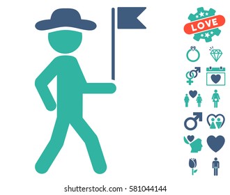 Gentleman Flag Guide pictograph with bonus romantic pictograms. Vector illustration style is flat iconic cobalt and cyan symbols on white background.