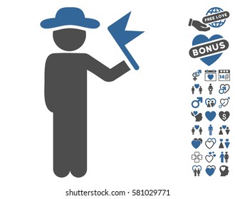 Gentleman With Flag icon with bonus decoration graphic icons. Vector illustration style is flat iconic cobalt and gray symbols on white background.