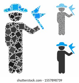 Gentleman with flag mosaic of unequal parts in variable sizes and color tones, based on gentleman with flag icon. Vector unequal dots are united into collage.