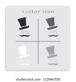 Gentleman flat black and white vector icon. Mustache, glasses and a hat illustration.