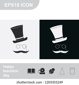 Gentleman flat black and white vector icon. Mustache, glasses and a hat illustration.