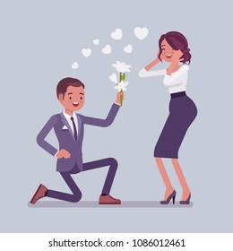 Gentleman with flowers. Young man makes on knee an offer of marriage to pretty woman, declaration of love, express strong feeling of affection in elegant way. Vector flat style cartoon illustration