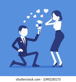 Gentleman with flowers. Young man makes on knee an offer of marriage to pretty woman, declaration of love, express strong feeling of affection in elegant way. Vector illustration, faceless characters