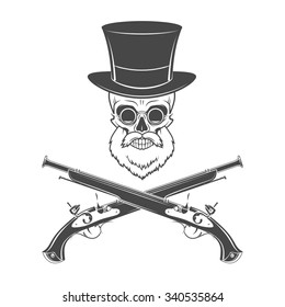 Gentleman of fortune skeleton with beard, glasses, top hat and flint guns. Victorian rover logo template.
