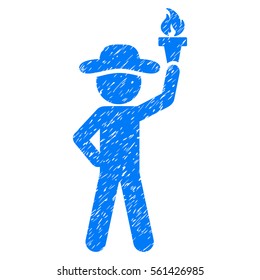 Gentleman With Freedom Torch grainy textured icon for overlay watermark stamps. Flat symbol with dust texture. Dotted vector blue ink rubber seal stamp with grunge design on a white background.