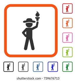 Gentleman With Freedom Torch icon. Flat gray iconic symbol in an orange rounded rectangular frame. Black, gray, green, blue, red, orange color variants of Gentleman With Freedom Torch vector.