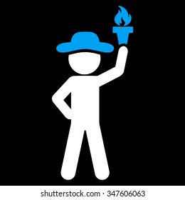 Gentleman With Freedom Torch vector icon. Style is bicolor flat symbol, blue and white colors, rounded angles, black background.