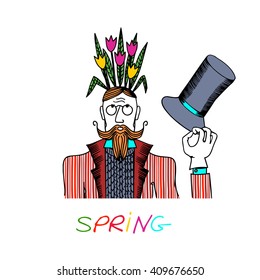 The gentleman in a frock coat shoots cylinder. Cute illustrations, greeting cards. A magician with flowers on his head.