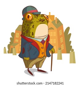 A gentleman frog, vector illustration. Elegant anthropomorphic frog against the buildings. Cartoon illustration of a sophisticated toad with a walking stick. An animal character with a human body