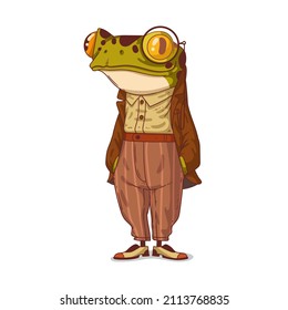 A gentleman frog, vector illustration. Stylish humanized frog. Elegant anthropomorphic frog, wearing a monocle, standing still with his hands in pockets. An animal character with a human body