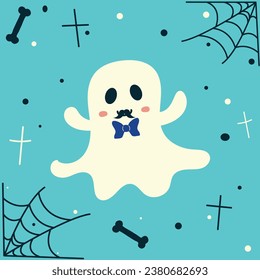 Gentleman ghost - gentleman, mustache, bow tie, cute face, cute ghost, halloween illustration, autumn holidays banner, ghost icon emotion. Vector illustration.