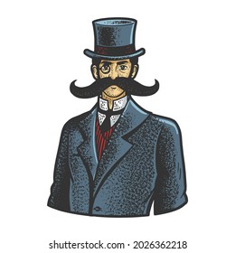 gentleman with a giant moustache color line art sketch engraving vector illustration. T-shirt apparel print design. Scratch board imitation. Black and white hand drawn image.