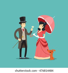 Gentleman gives a flower to a lady with a dog. Vector illustration.