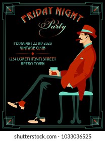 Gentleman With A Glass Of Whiskey And A Cigar. Retro Party Invitation Card. Handmade Drawing Vector Illustration. Art Deco Style.