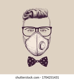 Gentleman with glasses wearing surgical respiratory  ffp3 mask against coronavirus