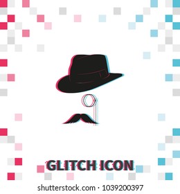 Gentleman  glitch effect vector icon. Hat and monocle illustration.