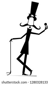 Gentleman a golfer isolated illustration. Mustache gentleman in the top hat with golf club holds a golf ball in the hand black on white illustration
