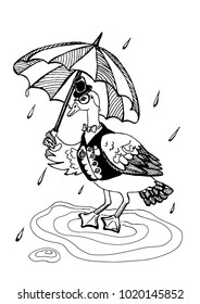 Gentleman goose in Victorian clothes with an umbrella in the rain