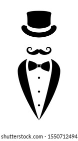 Icono gráfico de caballeros. Sombrero superior, esmoquin, corbata de arco y bigotes señalizan aislados sobre fondo blanco. Ilustración del vector