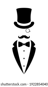 Gentleman graphic icon. Top hat, tuxedo, bow tie, monocle and mustaches. Sign isolated on white background. Vector illustration