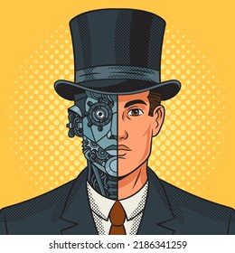 Gentleman half cyborg steampunk pop art retro vector illustration. Comic book style imitation.