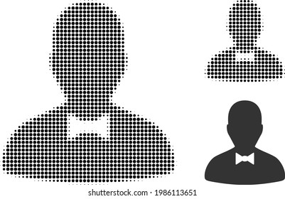 Gentleman halftone dotted icon. Halftone pattern contains round dots. Vector illustration of gentleman icon on a white background.
