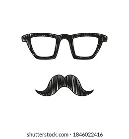 Gentleman handdrawn illustration. Cartoon vector clip art of eyeglasses and mustache. Black and white sketch of a glasses and moustache as a symbol of a man, aristocrat, gentleman, senior wise man