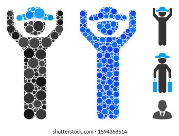 Gentleman hands up composition of spheric dots in variable sizes and shades, based on gentleman hands up icon. Vector round dots are grouped into blue collage.